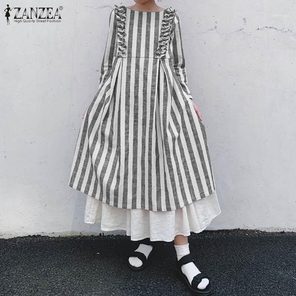 

stylish spriped midi dress women's spring zanzea korean style ruffle casual long vestidos female high waist robe plus size 5xl1, Black;gray
