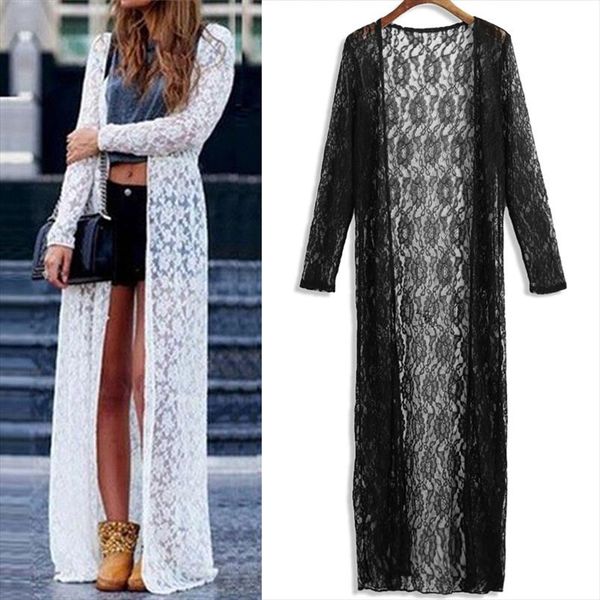 

floral lace women kimono cardigan blouse semi sheer plus size 5xl solid open front long elegant summer beach cover up cardigan, White