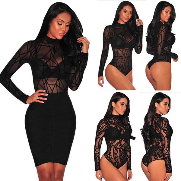 

brand women mesh fish net slim bodysuit leotard long sleeve playsuit jumpsuit clothes skinny transparent pants, Black;white
