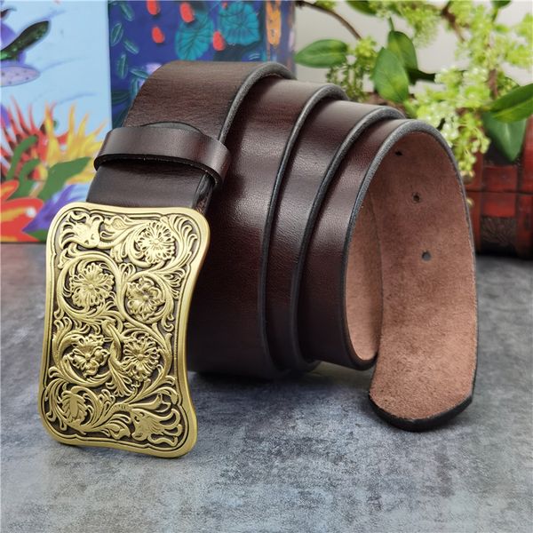 

luxo sculpture bronze flower male buckle ceilings gross geunine leather belt for men wide pants mbt0031 vw1q, Black;brown