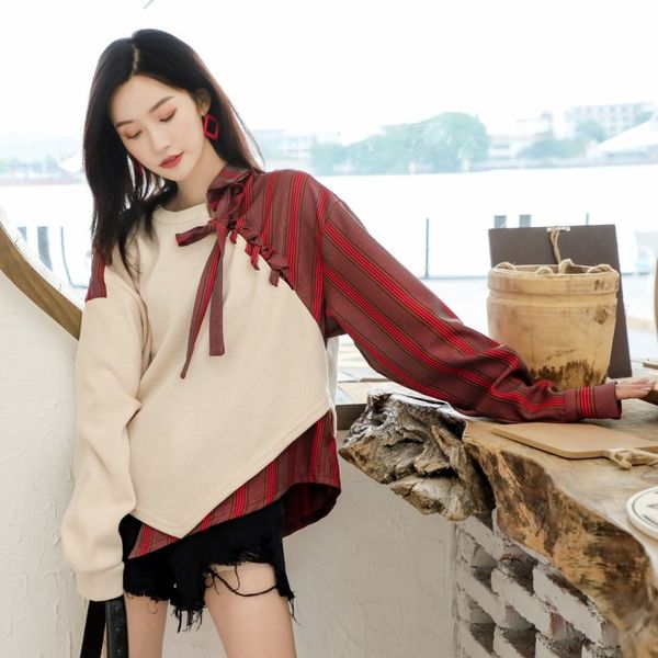 

lanmrem spring new sweater sets of women loose thick retro temperament stitching long-sleeved sweater 19b-a477 y200720, White;black