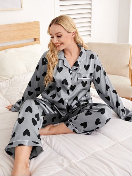 

plus satin lapel collar heart print pj set n3zw#, Black;white