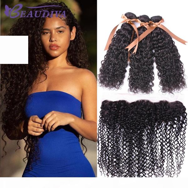 

brazilian virgin human hair bundles closure kinky curly ear to ear 13*4 lace frontal with 3 bundles hair extensions, Black;brown