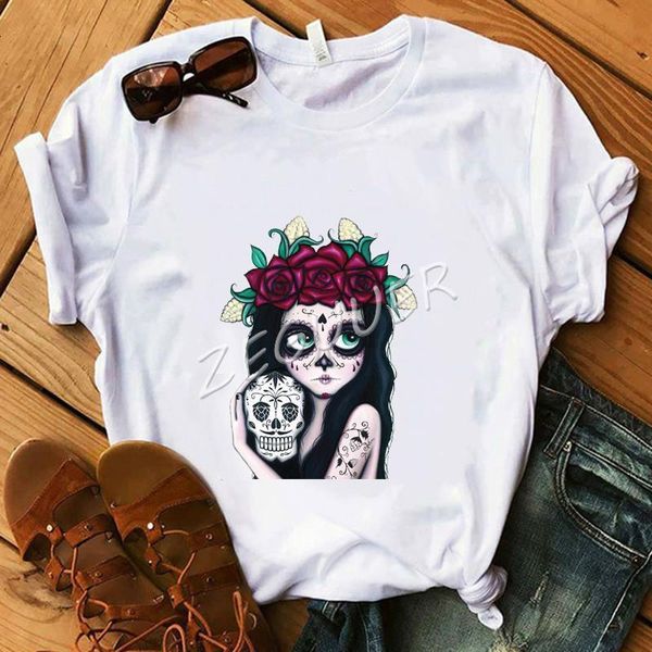 

flower skull girl t-shirt lady rose tattoo streetwear punk white cotton o-neck casual tees mexico day of dead shirt