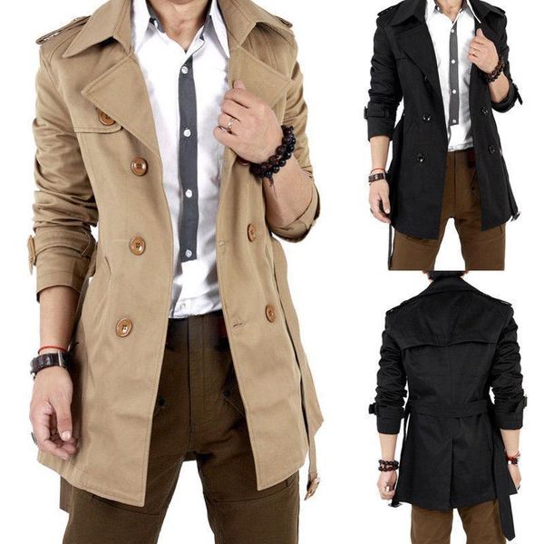 

autumn men trench windbreaker long solid color jacket with double-breasted buttons lapel collar coat male clothes 2019, Tan;black