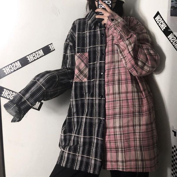 

2020 harajuku bf style plaid shirt women streetwear gothic oversize blouse long sleeve hip hop shirts black patchwork design1, White