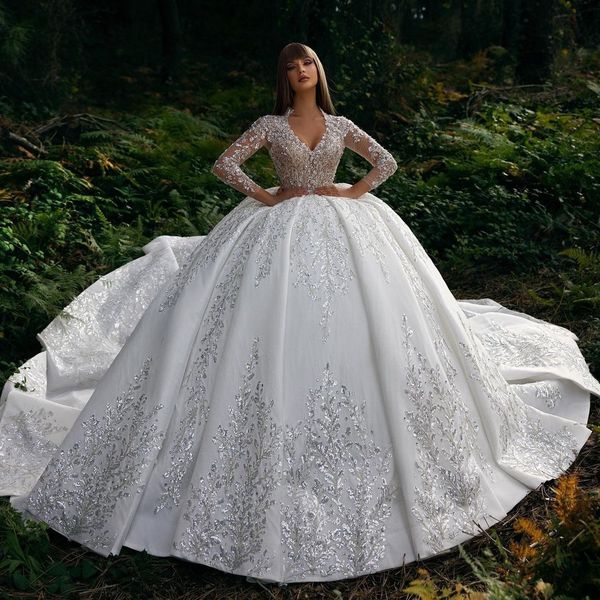 

2022 new ball gown wedding dresses long sleeves sequin lace applique robe de mariage handmade royal vintage vestido de novia, White