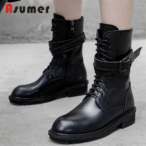 

boots asumer 2021 handmade genuine leather women buckle punk women's black ladies autumn winter ankle shoes1