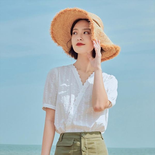 

inman 2021 summer new arrival fit style blouse artsy sweet v neck embroidery short sleeve women blousa, White