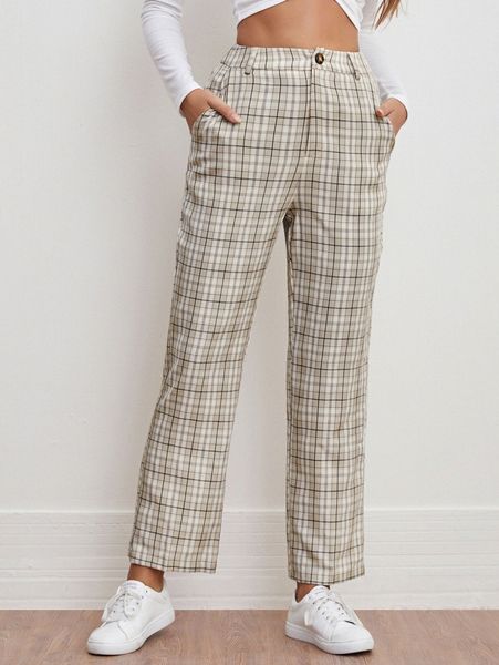 

zipper fly slant pocket plaid pants e1am#, Black;white