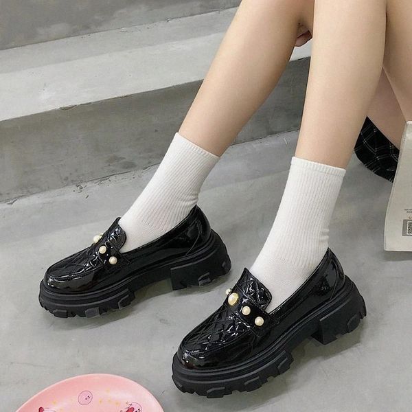 

rimocy fashion pearl beading mary jane shoes women 2020 patent leather square heel pumps woman slip on platform shoes ladies #x56n