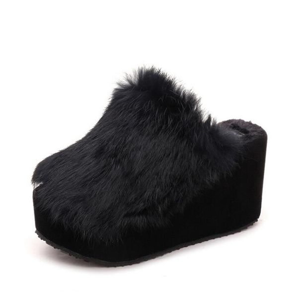 

fall winter new large fur rabbit 9cm wedges heel slippers wholesale fashion women thick plush slippers platform warm slippers y1120, Black