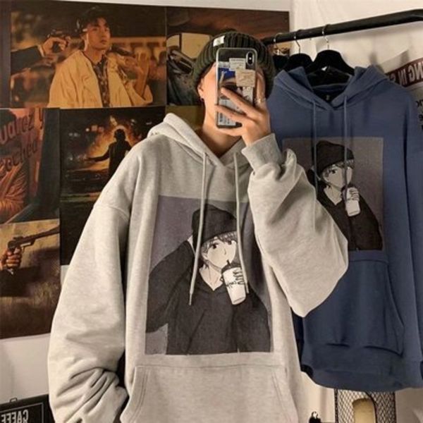 

qrwr autumn winter new anime men hoodie fashion cartoon print men's hoodie loose fleece hooded sweatshirt c0127, Black
