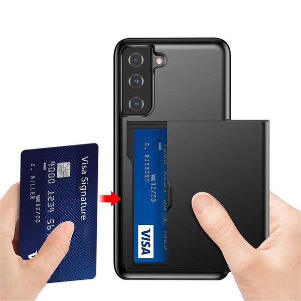 

slide card holder phone cases for iphone 14 pro max 13 12 samsung galaxy s23 ultra plus s22 s21 fe note 20 slim armor design covers