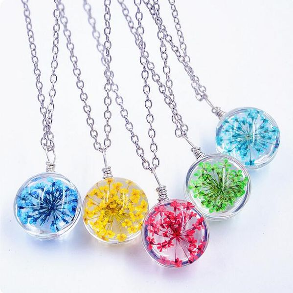 

dried flower eternal flower necklace glass cover time gem pendant dmfn307 (with chain) mix order pendant necklaces, Silver