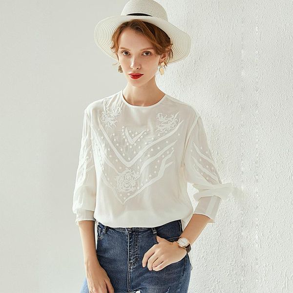 

women's blouses & shirts 100% silk blouse women pullover shirt vintage embroidery elegant simple design o neck long sleeves graceful st, White