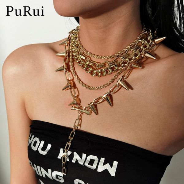 

chokers hip hop rivet chain pendant necklace women men steampunk multi layered necklaces party jewelry gold color choker chunky chains, Golden;silver