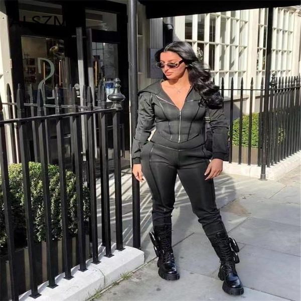 

all black zipper long sleeve crop and pants 2 pieces set casual lady fashion women tracksuits, Gray