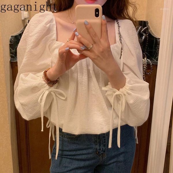 

women's blouses & shirts gaganight korean chic open collarbone white blouse square collar lantern long sleeve elegant shirt drawstring