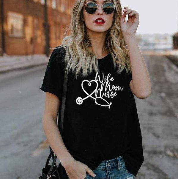 

women t shirt wife mom nurse stethoscope print tshirt women short sleeve o neck loose t-shirt ladies causal tee shirt, White