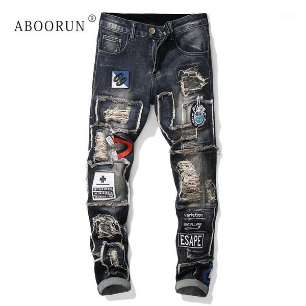 

aboorun men's skinny punk jeans distressed emboridery jeans male brand pencil streetwear x21421, Blue