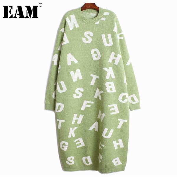 

casual dresses [eam] women green pattern big size warm knitting dress round neck long sleeve loose fit fashion autumn winter 2021 1dc845, Black;gray