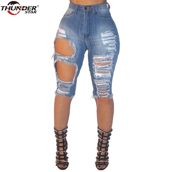 

women's jeans ripped capris women stretch blue hole knee length ladies destroyed high waist skinny femme streetwear
