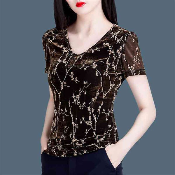 

women summer style mesh blouses lady casual short sleeve v-neck slim leaf printed blusas df3736, White