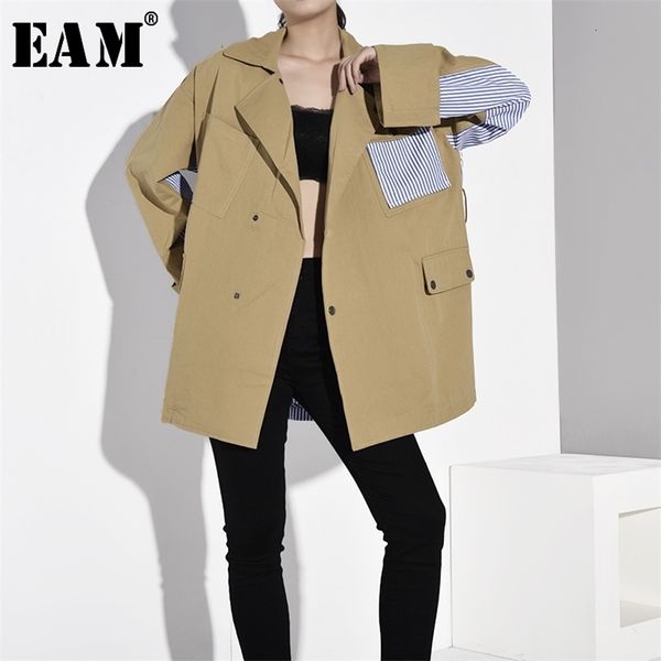 

[eam] loose fit khaki striped stitch big size jacket new lapel long sleeve women coat fashion tide spring autumn wj08504 201210, Black;brown