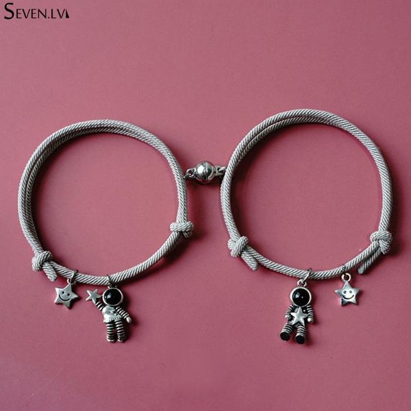 

charm bracelets 2pcs / set astronaut jewelry magnet attract couples bracelet adjustable rope gift for women and men, Golden;silver