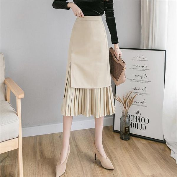 

fashion autumn irregular midi skirts women elegant high waist pachwork pleated skirt jupe femme slim skirt spring korean style, Black
