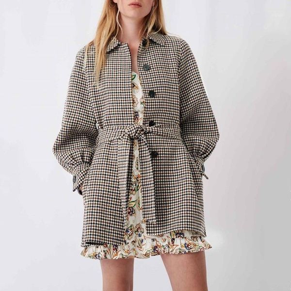 

fadan m family's new england waist tie lantern sleeve thousand bird lattice double-sided overcoat1, Black