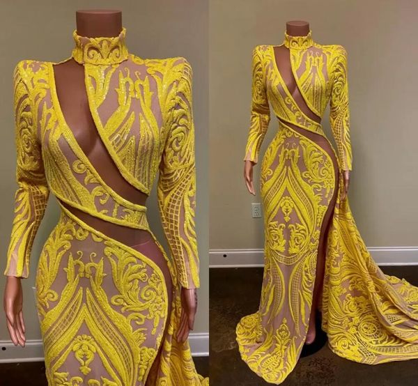 Длинные рукава сексуальные платья выпускного вечера 2022 высокая шея сторона с высоким щельюм желтый блесток аппликация африканские черные девушки русалка вечерние вечеринки Pro121