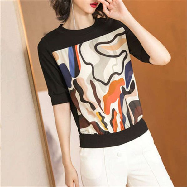 

misiyang spring / summer 2019 new style geometric printed silk stitching short sleeve t-shirt for women, Black;gray