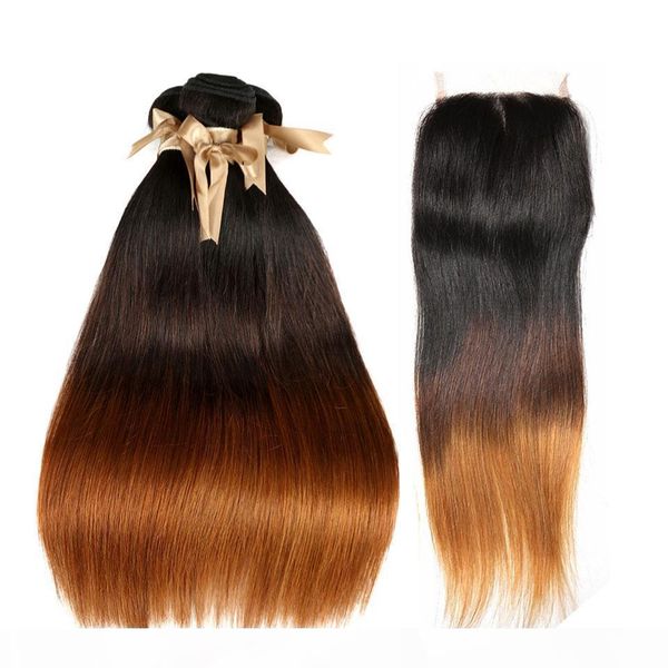 

ombre hair weave t1b 4 30 with 4x4 closure 3 tone blonde indian human hair straight weave 3 bundles with lace closure, Black;brown