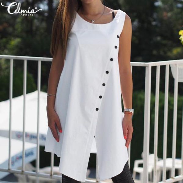 

celmia vintage blouses women asymmetrical casual 2020 summer sleeveless buttons split long shirts plus size blusas tunic, White