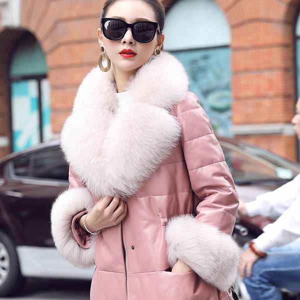 

women's leather & faux fur collar coat female 90% white duck down jackets real sheepskin jacket women cuero genuino zjt1729, Black