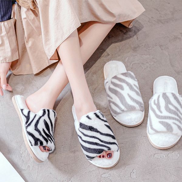 

winter new stripe house women's fur slippers bedroom open toe flats ladies cozy shoes slip on home women fuzzy slides x1020, Black
