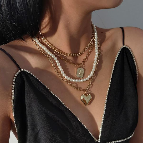 

multilayer pearl heart pendant choker necklace for women collares punk boho beaded chain necklace goth jewelry, Silver