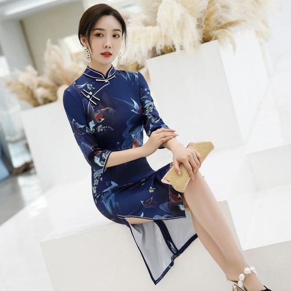 

navy blue stage show high-split mandarin collar chinese vintage mid-length cheongsam dresses for women plus size 3xl 4xl qipao1, Red