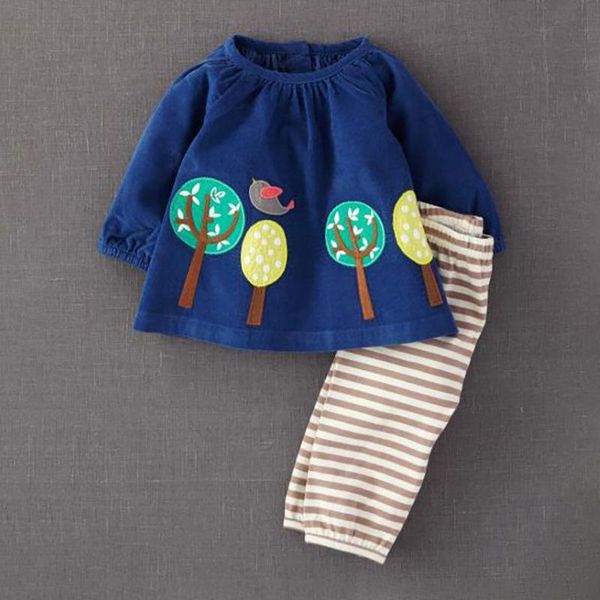 

little maven new spring autumn kids blue applique trees bird woven pants striped cotton knitted girls long-sleeved blouse sets, White