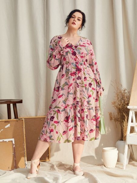 

plus floral print flounce sleeve ruffle hem dress n2ew#, Black