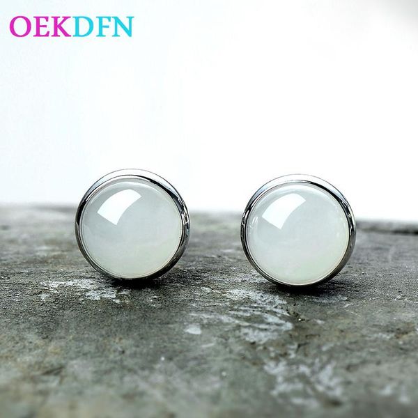 

stud oekdfn vintage 100% 925 sterling silver earrings round natural hetian jade gemstone ear studs fine jewelry gifts wholesale, Golden;silver