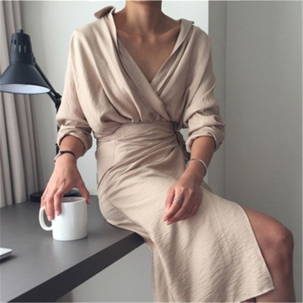 

women irregular buttocks dress fashion trend solid colors long sleeve v-neck bandage long skirts designer female spring casual loose dress, Black;gray