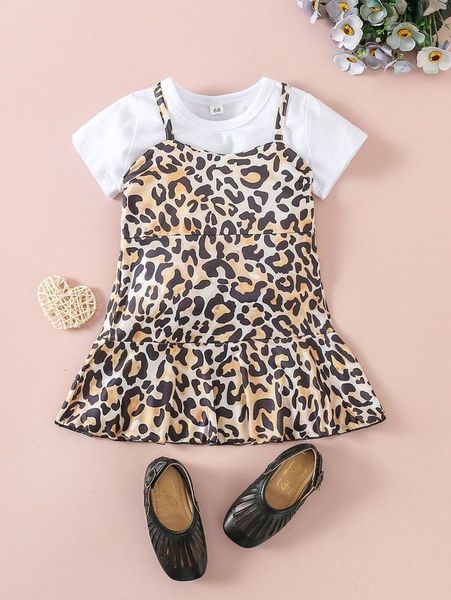

baby solid tee & leopard ruffle hem cami dress she, White