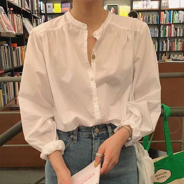 

women's blouses & shirts korean style loose puff sleeve o-neck white shirt female 2021 spring autumn cardigan casual blouse women splic
