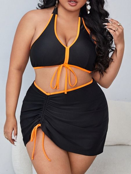 

3pack plus contrast binding halter bikini swimsuit s5yo#, Black
