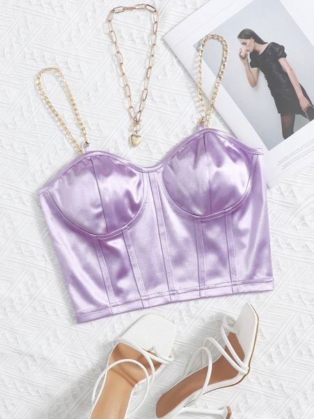

chain detail silky bustier cami crop 079r#, White