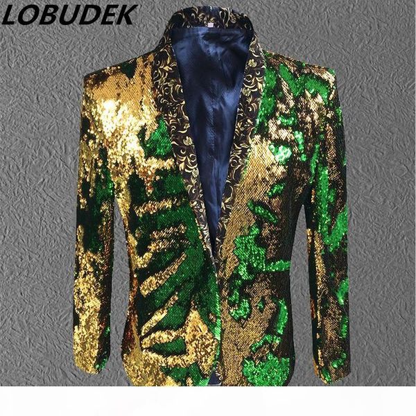 

male gold green sequin jacket coat blazer costume prom wedding groom fashion outfit purple singer host stage performance clothes formal show, White;black