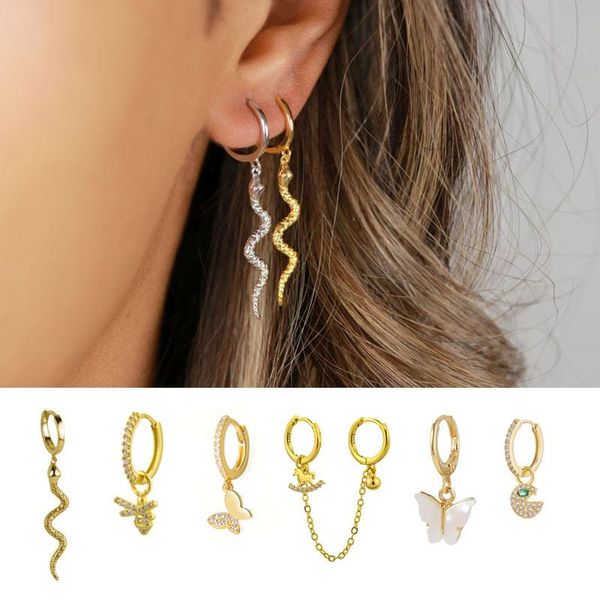 

925 sterling silver animal hoop earrings for women cute butterfly horse bee starfish circle earrings jewelry gift, Golden;silver